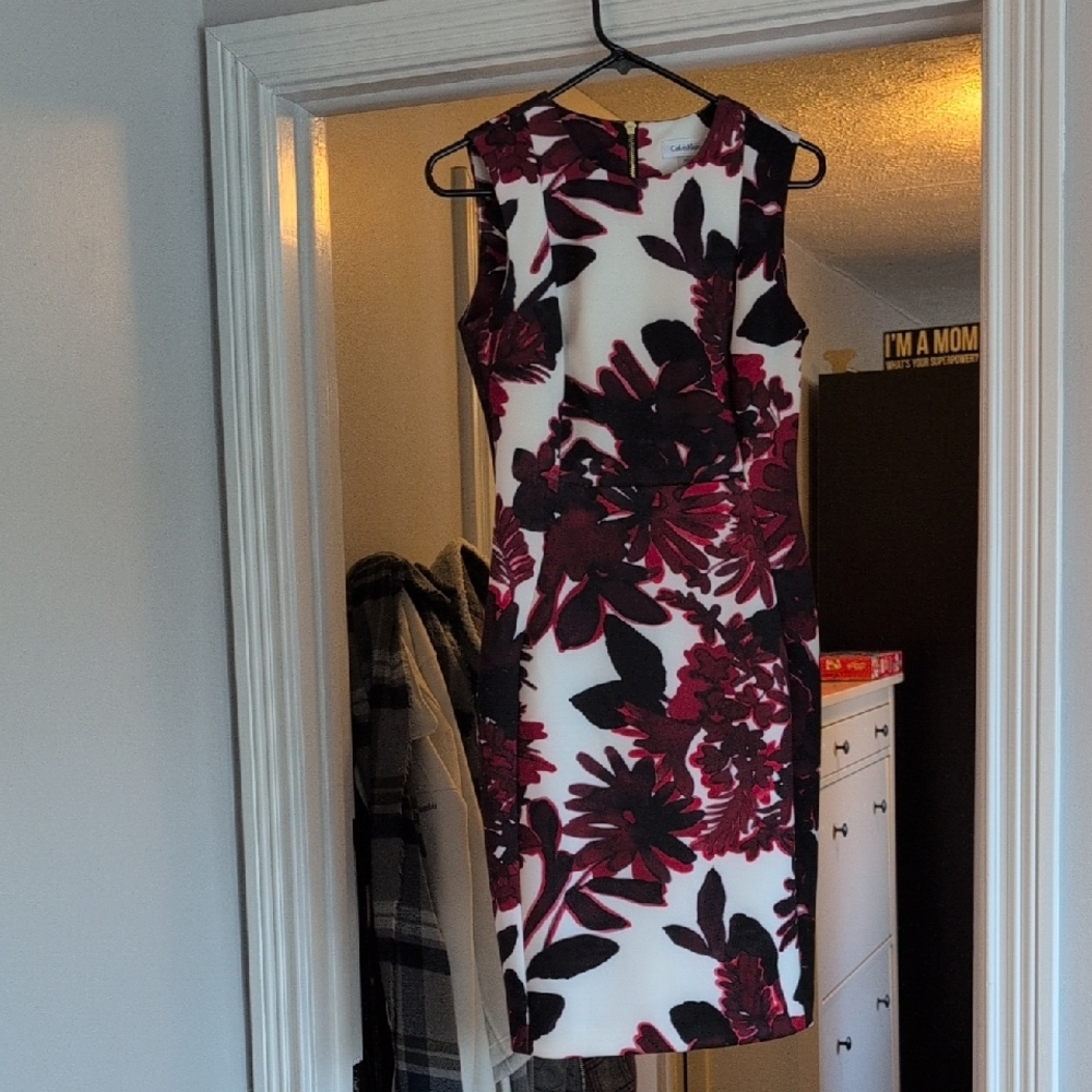 Calvin Klein White and Burgundy Floral Midi Dress
